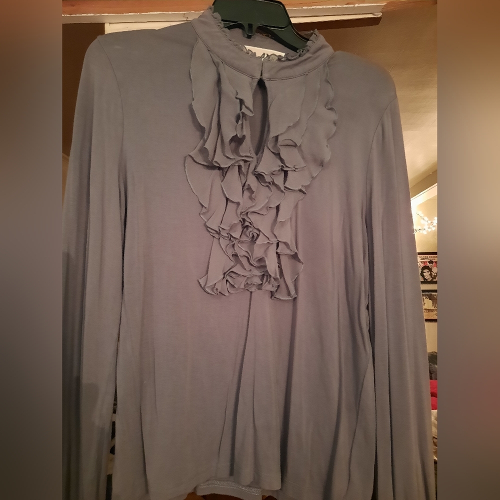 MICHAEL KORS GREY OPEN RUFFLE DRESS SHIRT WOMEN'S LARGE